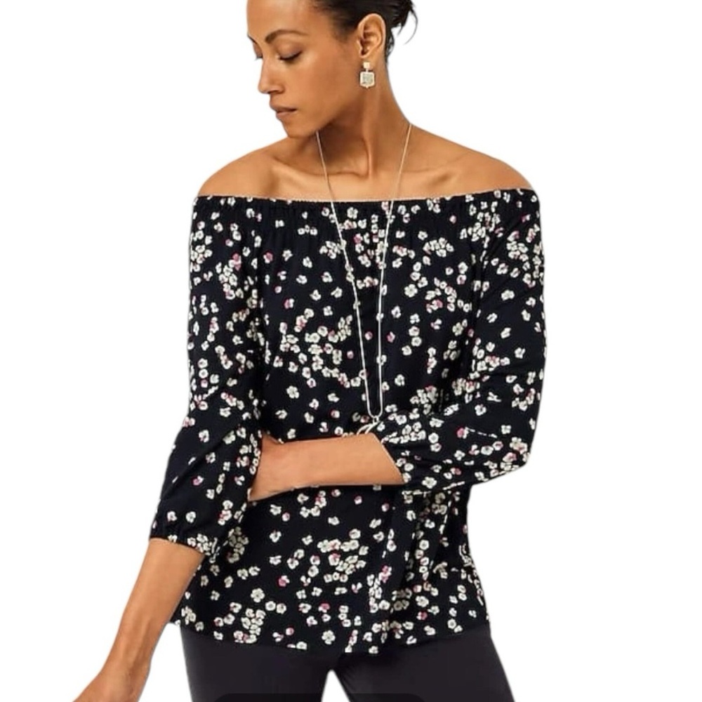 J JILL Convertible Shoulder Smocked Neck Top Blouse Navy Floral Size Large - Picture 2 of 8